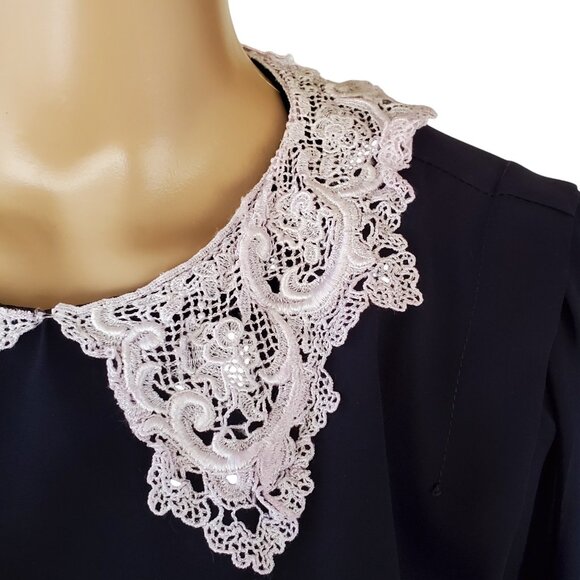 Vintage Career Blouson Maxi Dress Women's 12 Sheer Zip Blue Lace Crochet Collar - Picture 7 of 12